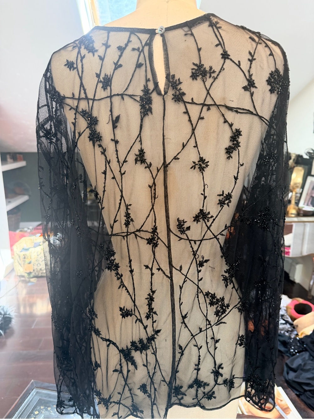 Anne Klein Black Sheer Embroidered Floral Vine Long-Sleeve blouse